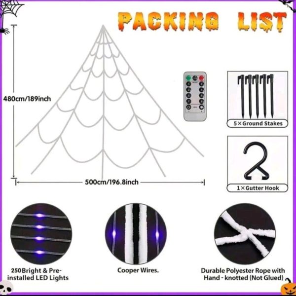 Halloween Giant Spider Web Decoration 250 LED Light 189in x 196.8inGeneric - Image 2